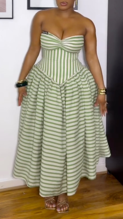 Green And White Striped Strapless Twist Bust High Waist Flared Midi Dressni Dress