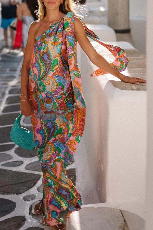 Rainbow Breeze Satin Unique Print Bow One Shoulder Loose Maxi Dress