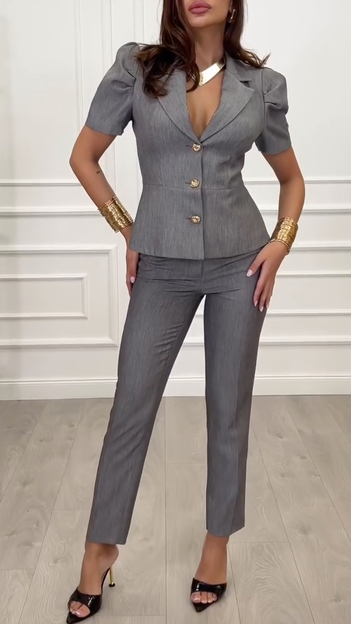 Grey Puff-Sleeve Tailored Suit