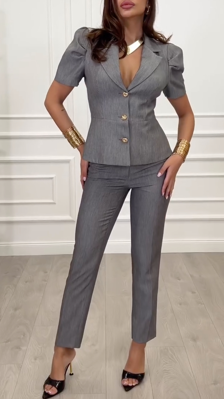 Grey Puff-Sleeve Tailored Suit
