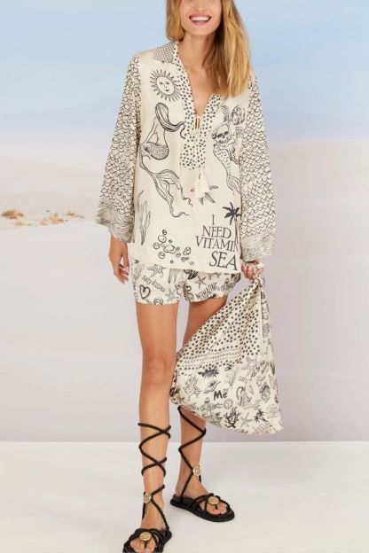 Satin Unique Print Tassel Shirt and Elastic Waist Shorts Set