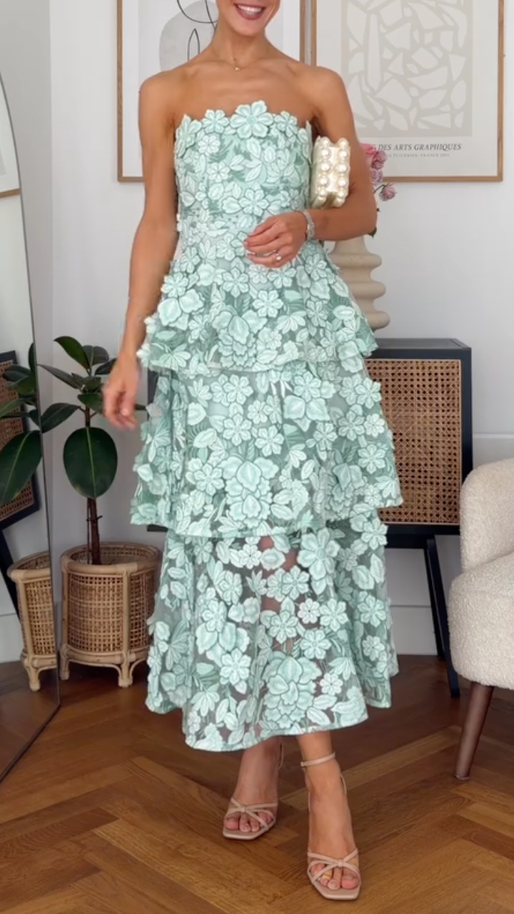 Mint Green Floral Applique Strapless Tiered Midi Dress