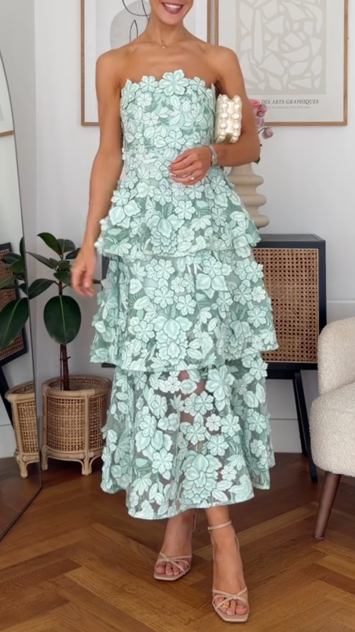 Mint Green Floral Applique Strapless Tiered Midi Dress
