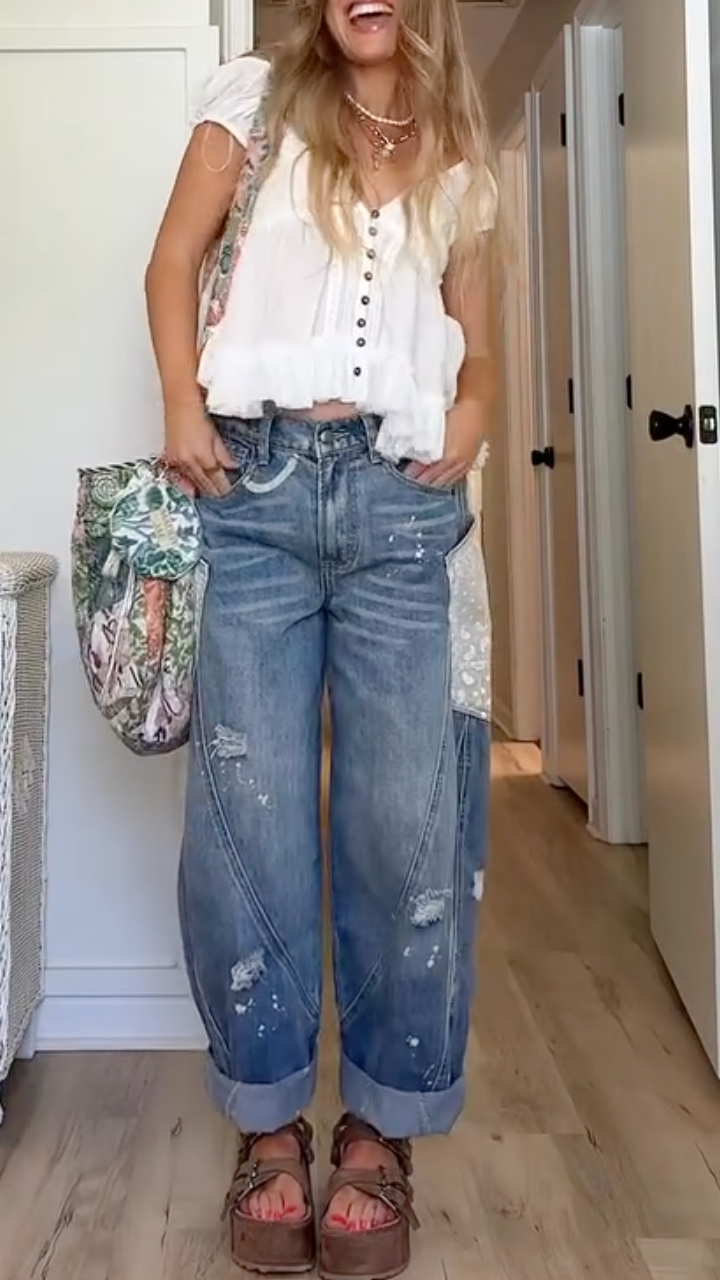 Short‐Sleeve Top & Distressed Patchwork Denim Jeans Co‐Ord Set