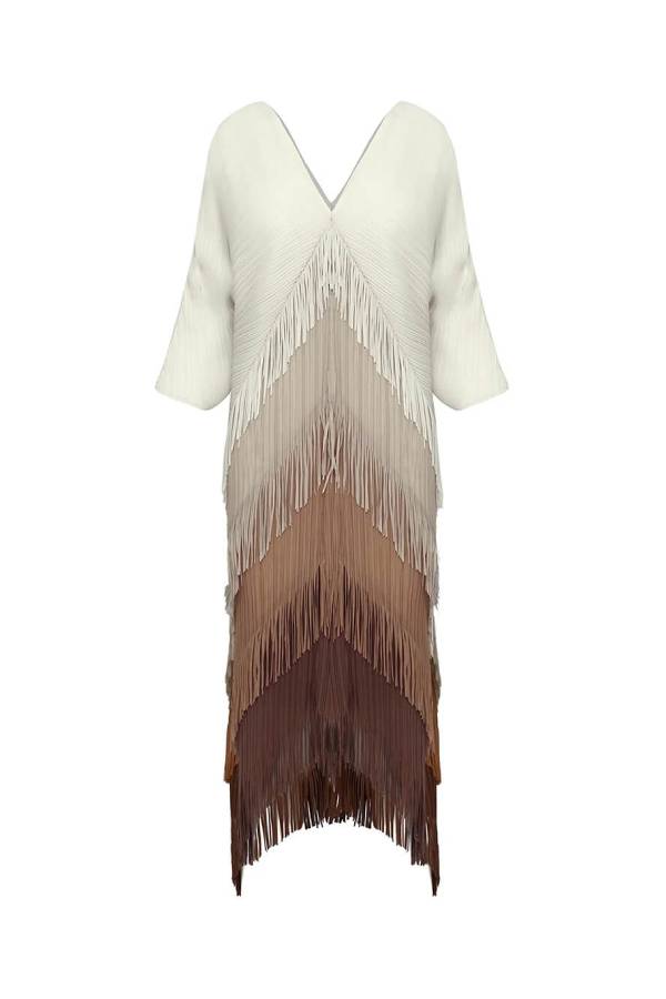 Elegant Pleated Satin Ombre Fringe Detailing Maxi Dress