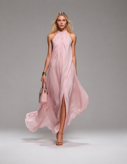 Halter Sleeveless Slit Chiffon Maxi Dress
