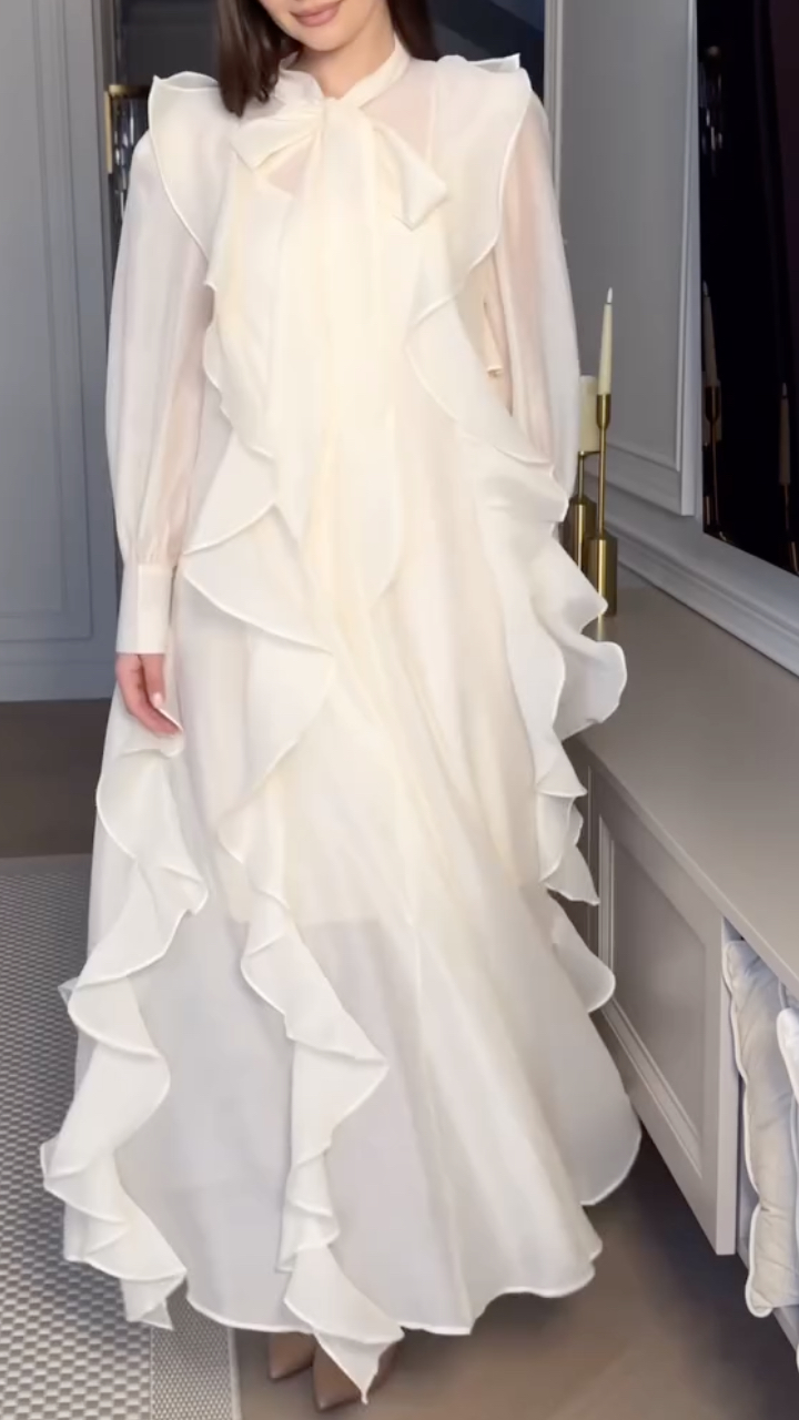White Sheer Ruffled Tie‐Waist Maxi Dress