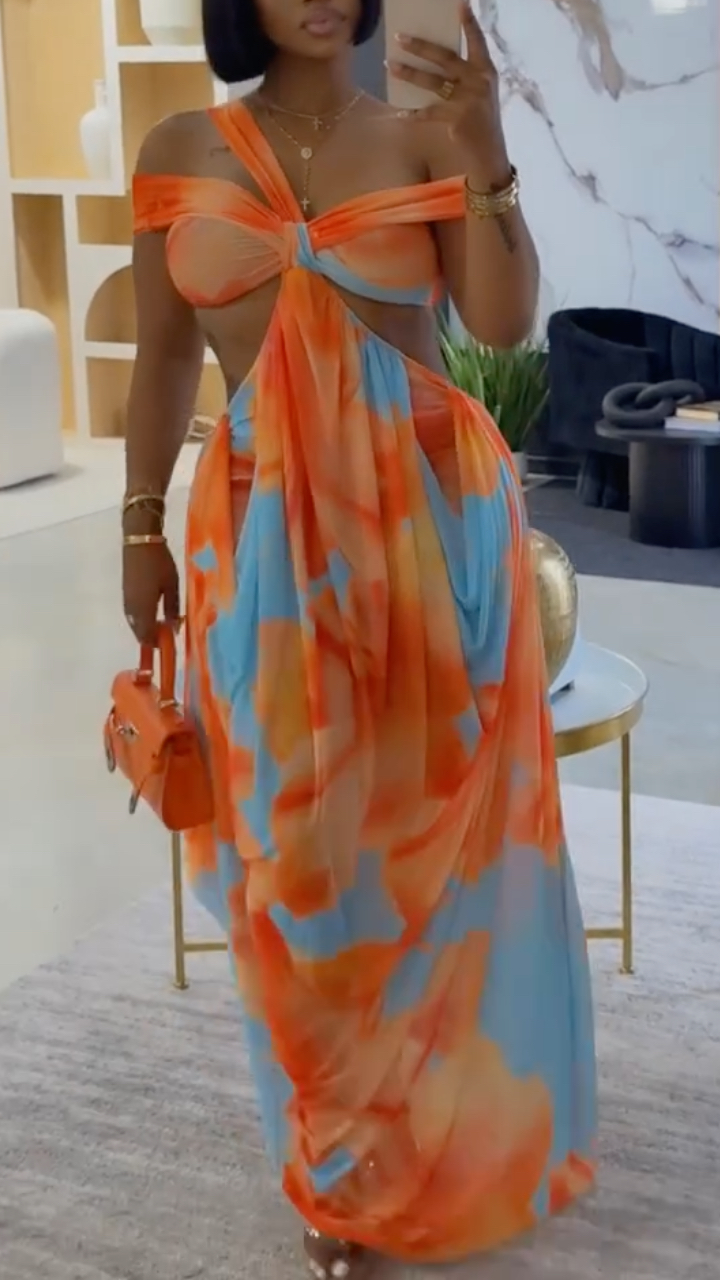 Orange‐Blue Tie‐Dye Cutout Maxi Dress
