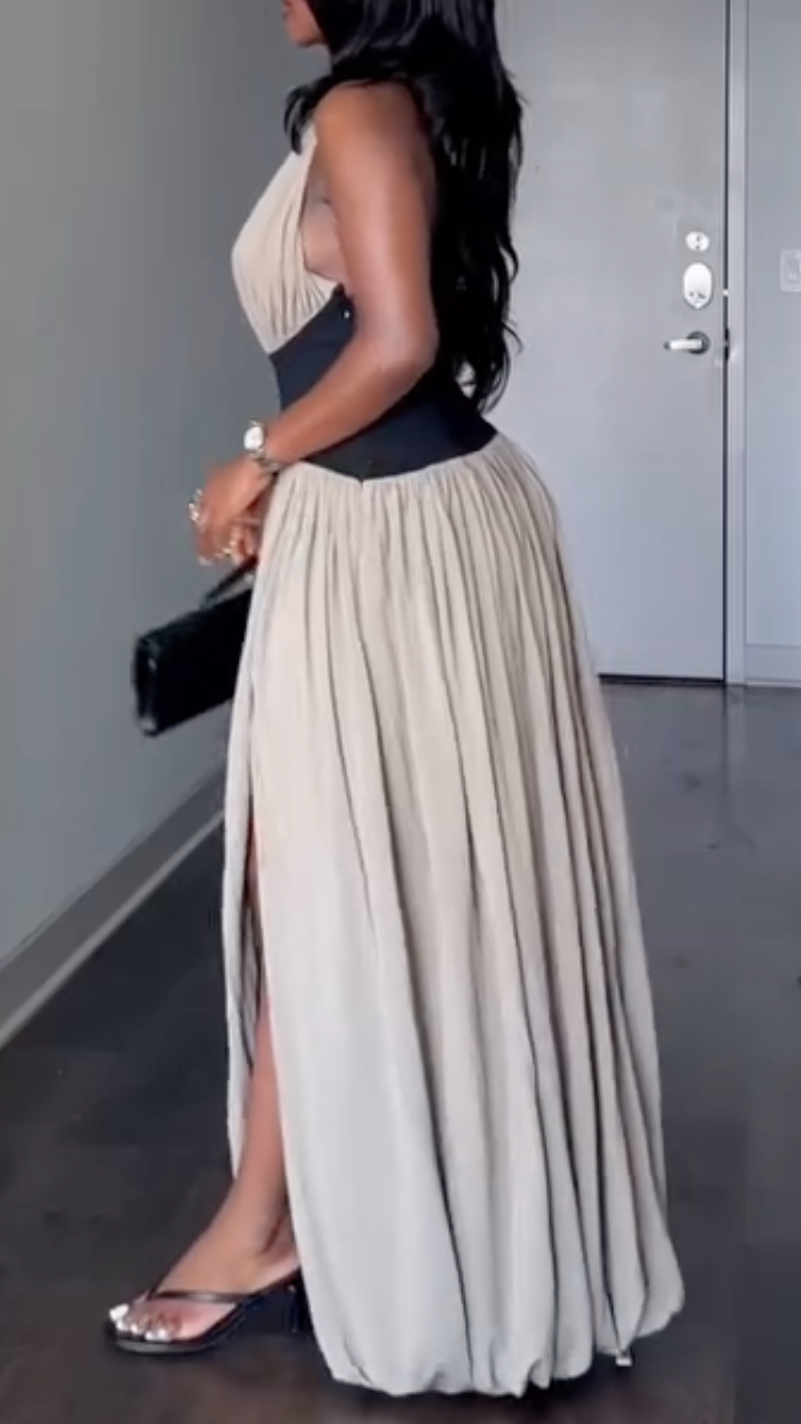 Beige Black Color Block Halter Neck Maxi Dress