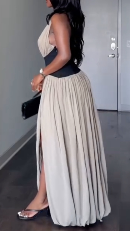Beige Black Color Block Halter Neck Maxi Dress