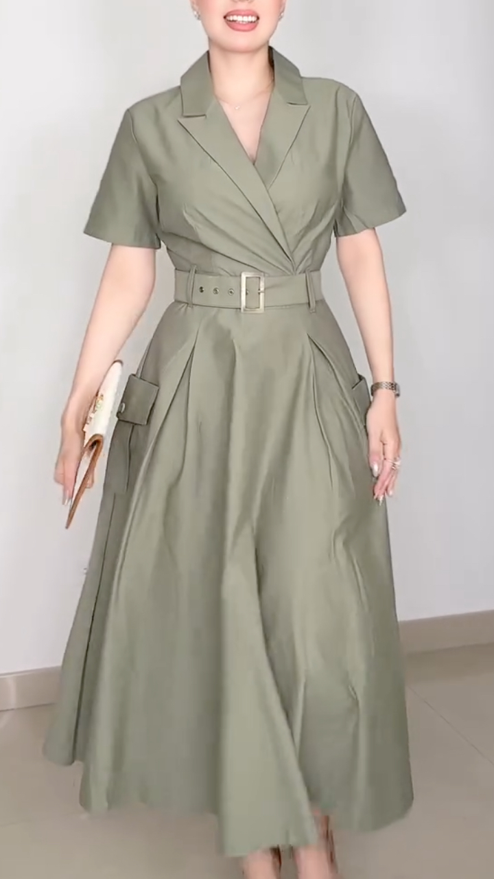 Women's A-Line Dress With Lapel Tie Waist And Elegant Style