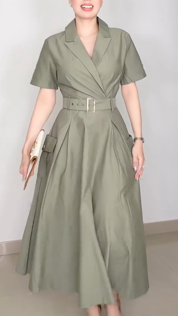 Women's A-Line Dress With Lapel Tie Waist And Elegant Style