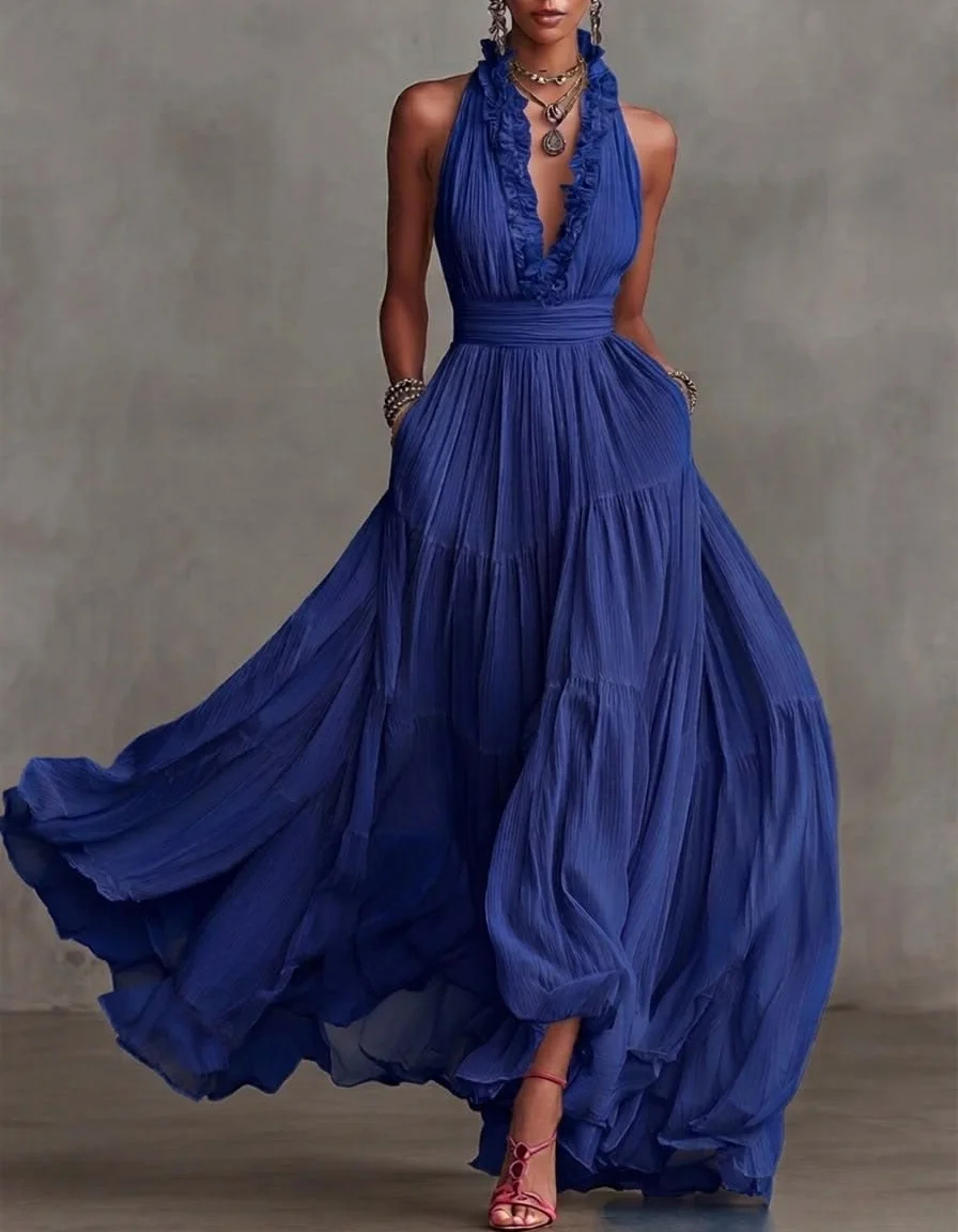 Ruffle Halter Pleated Flowy Maxi Dress