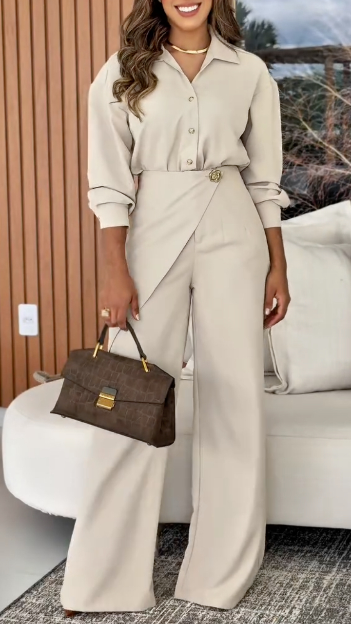 Collared Shirt & Wrap‐Waist Wide Leg Pants Co‐Ord Set