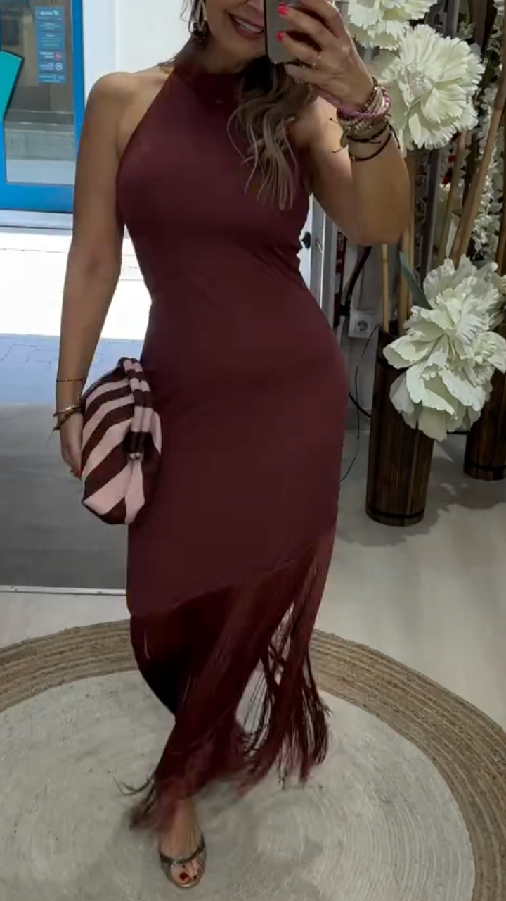 Halter Neck Fringe Hem Midi Dress