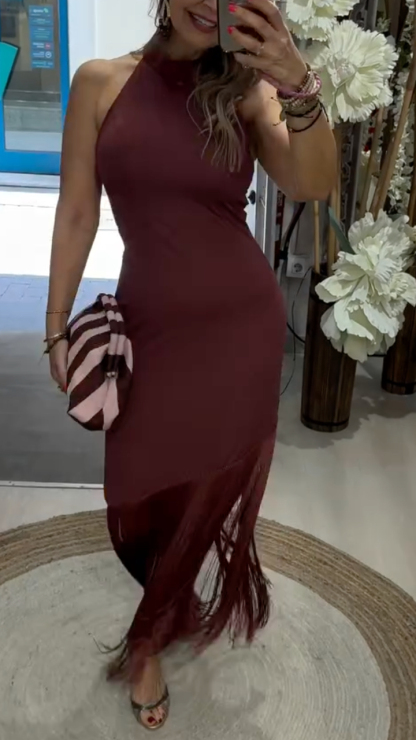 Halter Neck Fringe Hem Midi Dress