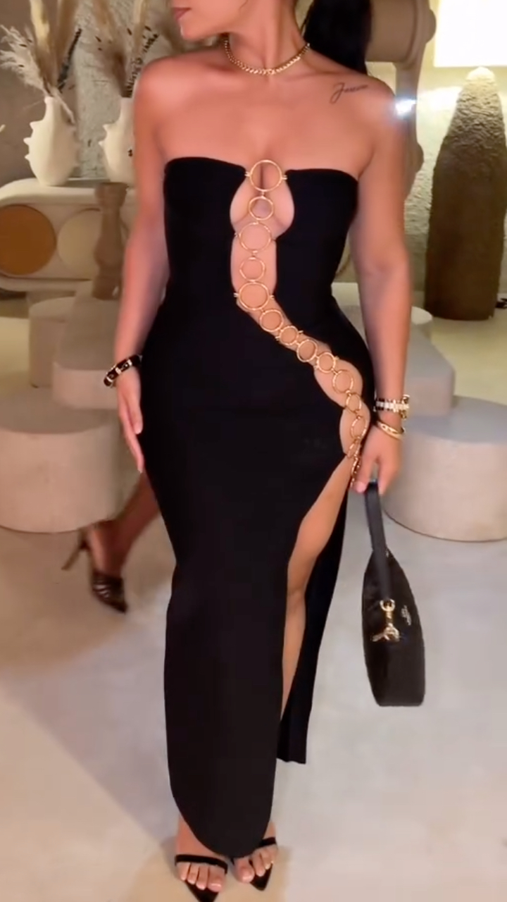 Black Strapless Gold Chain Cutout Maxi Dress