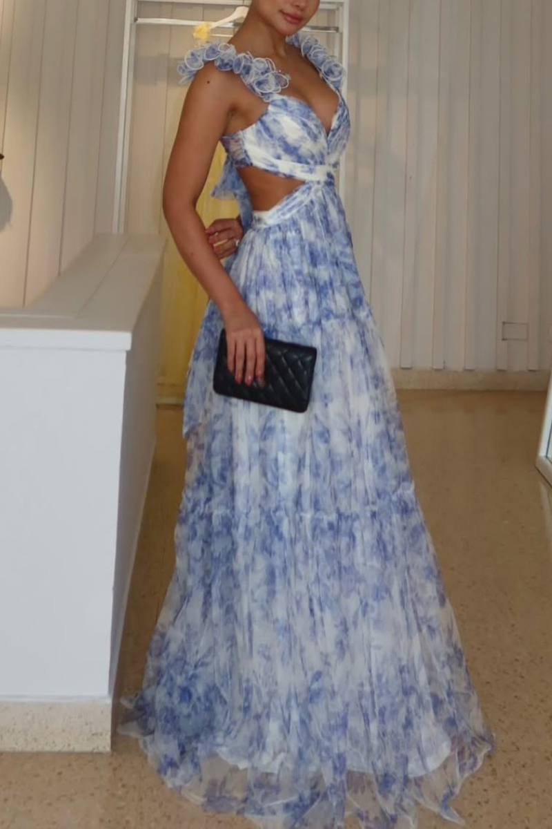 Women's V-Neck Cutout Tiered Tulle Maxi Dress With Flower Straps