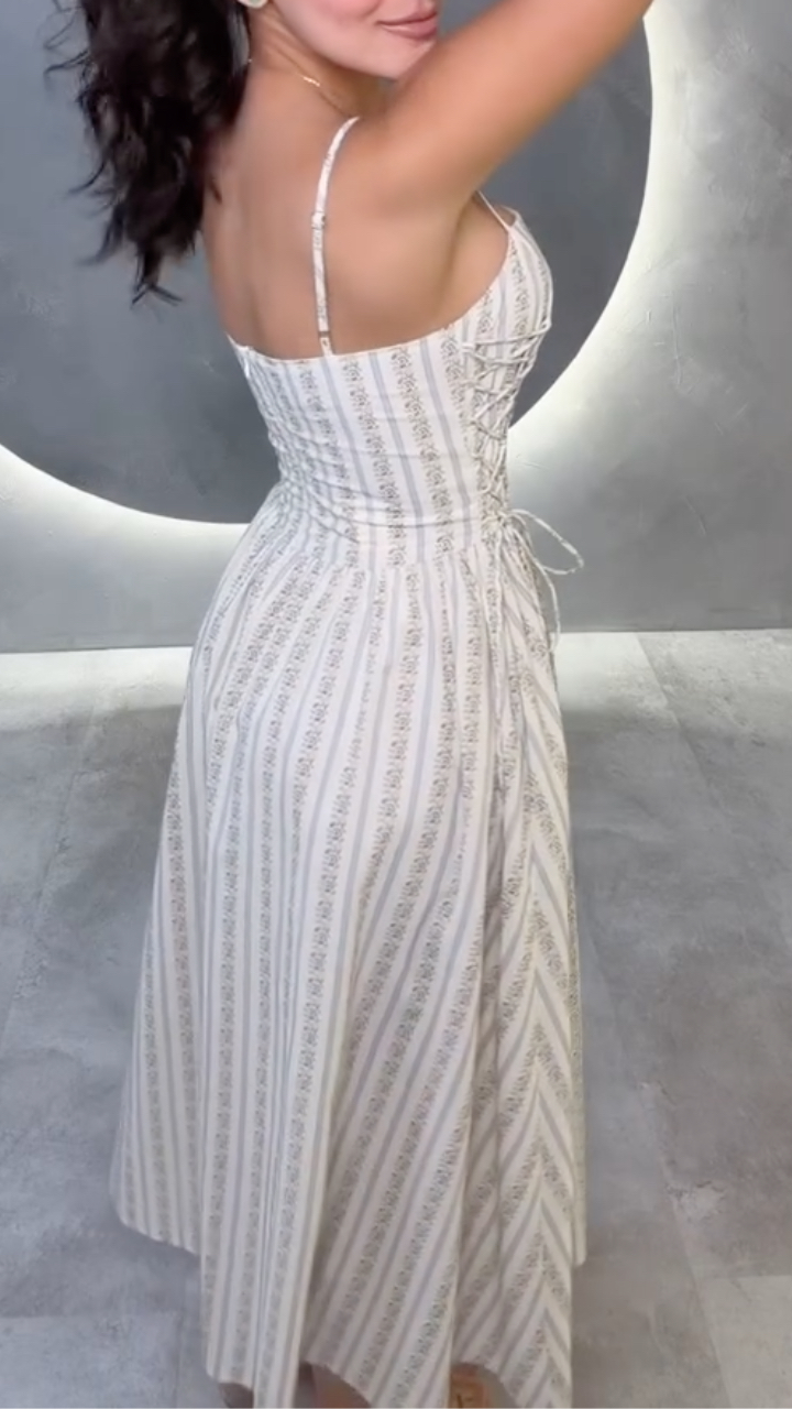 Striped Lace-Up Spaghetti Strap Midi Dress