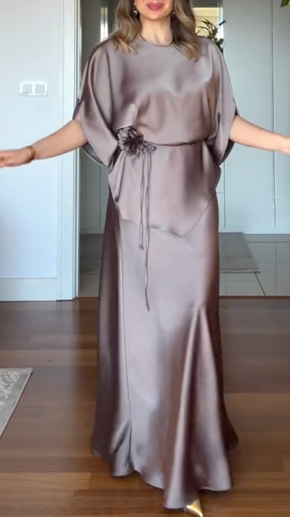 Women's Round Neck Satin Waist-Cinching Elegant Suit