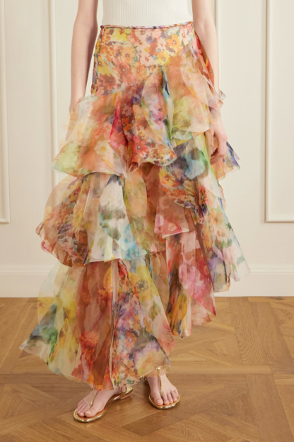 Multicolor Floral Tiered Ruffle Maxi Skirt