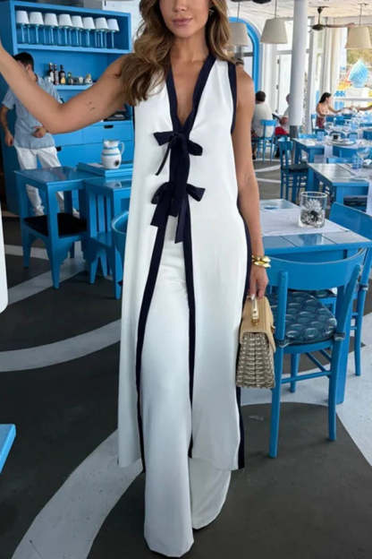 Beach Day Colorblock Bow Detail Slit Midi Top and Elastic Waist Loose Pants Set