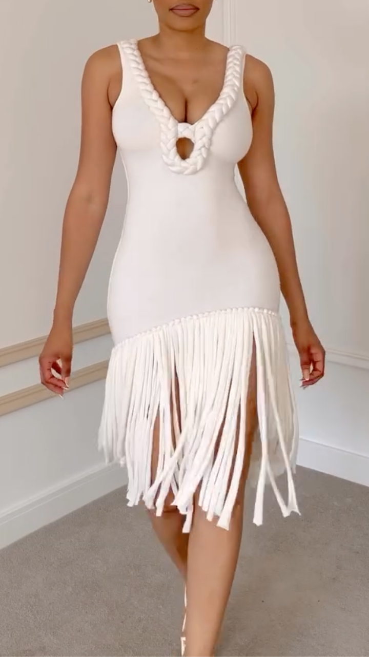 White Knit Braided Fringe Midi Bodycon Dress