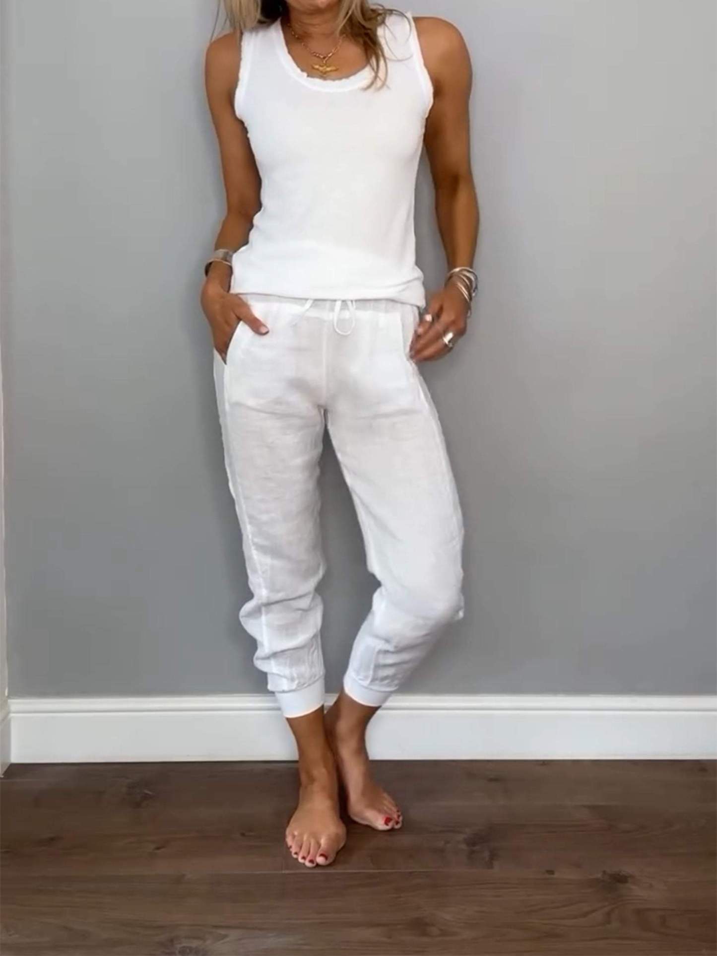 Conjunto Feminino Casual de Algodão e Linho de Duas Peças