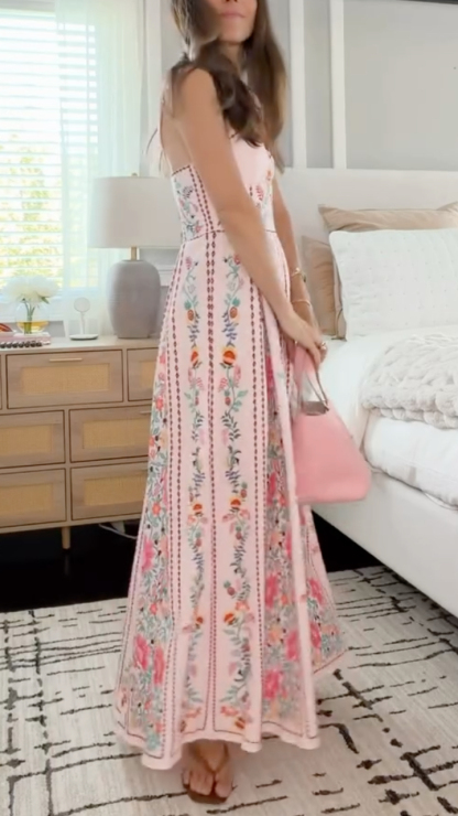 Pink Floral Print Spaghetti Strap Maxi Dress