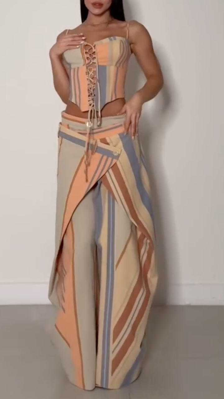 Stripe Corset Top & Wrap Overlay Wide Leg Pants Co‐Ord Set