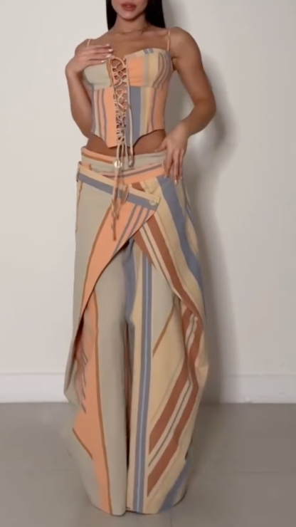 Stripe Corset Top & Wrap Overlay Wide Leg Pants Co‐Ord Set
