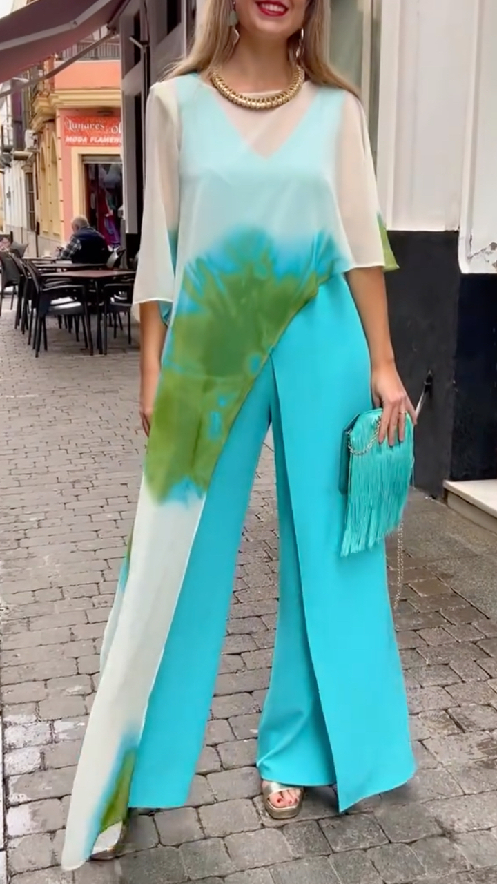 Tie-Dye Chiffon Asymmetrical Top & Wide-Leg Pants Set