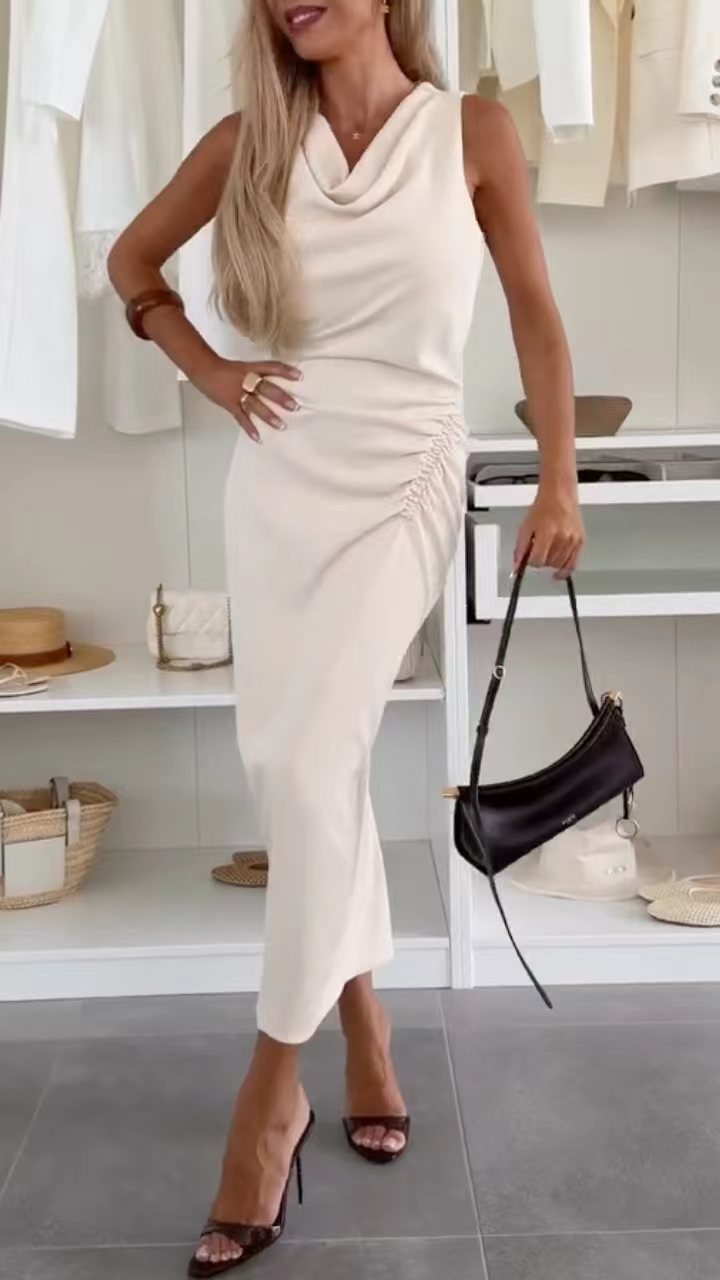 Cowl Neck Sleeveless Ruched Side Midi Dress