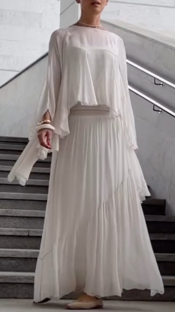 Sheer Ruffle Top & Pleated Maxi Skirt Co‐Ord Set
