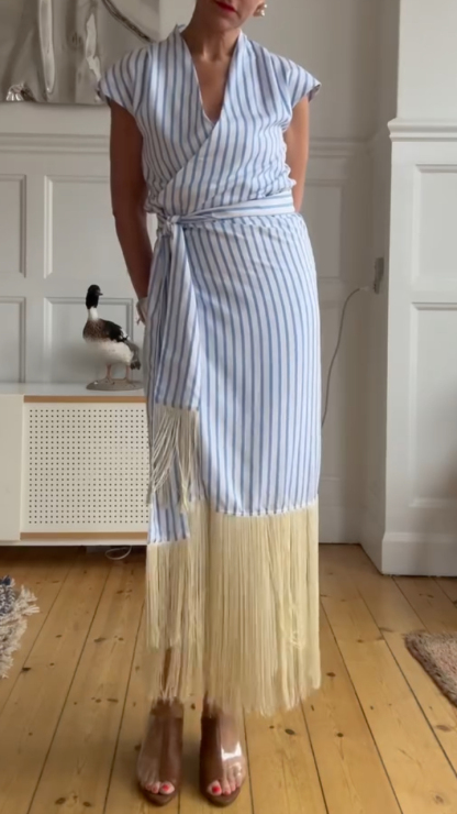Blue White Striped Wrap Tassel Midi Dress