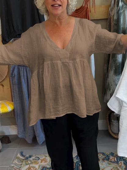 Women's Linen V-neck Solid Color Mid-sleeve Top