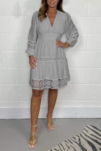 Women Summer Elegant Dress Work V-neck Lace Cotton Midi Dress