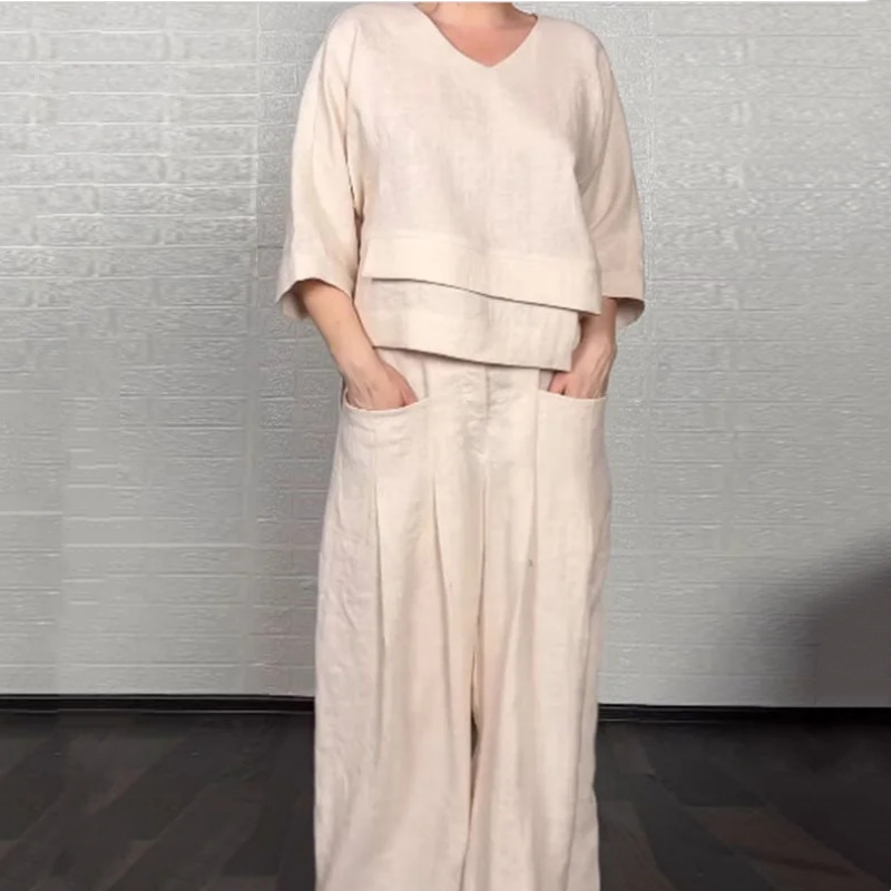 Women's cotton and linen two-piece leisure set with irregular hem and short sleeves