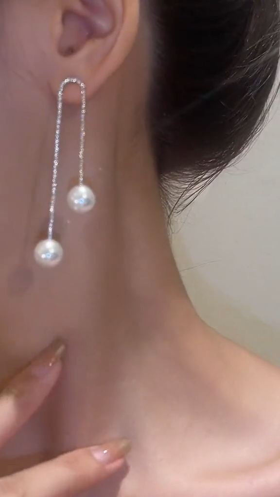 Rhinestone Tassel Pearl Earrings