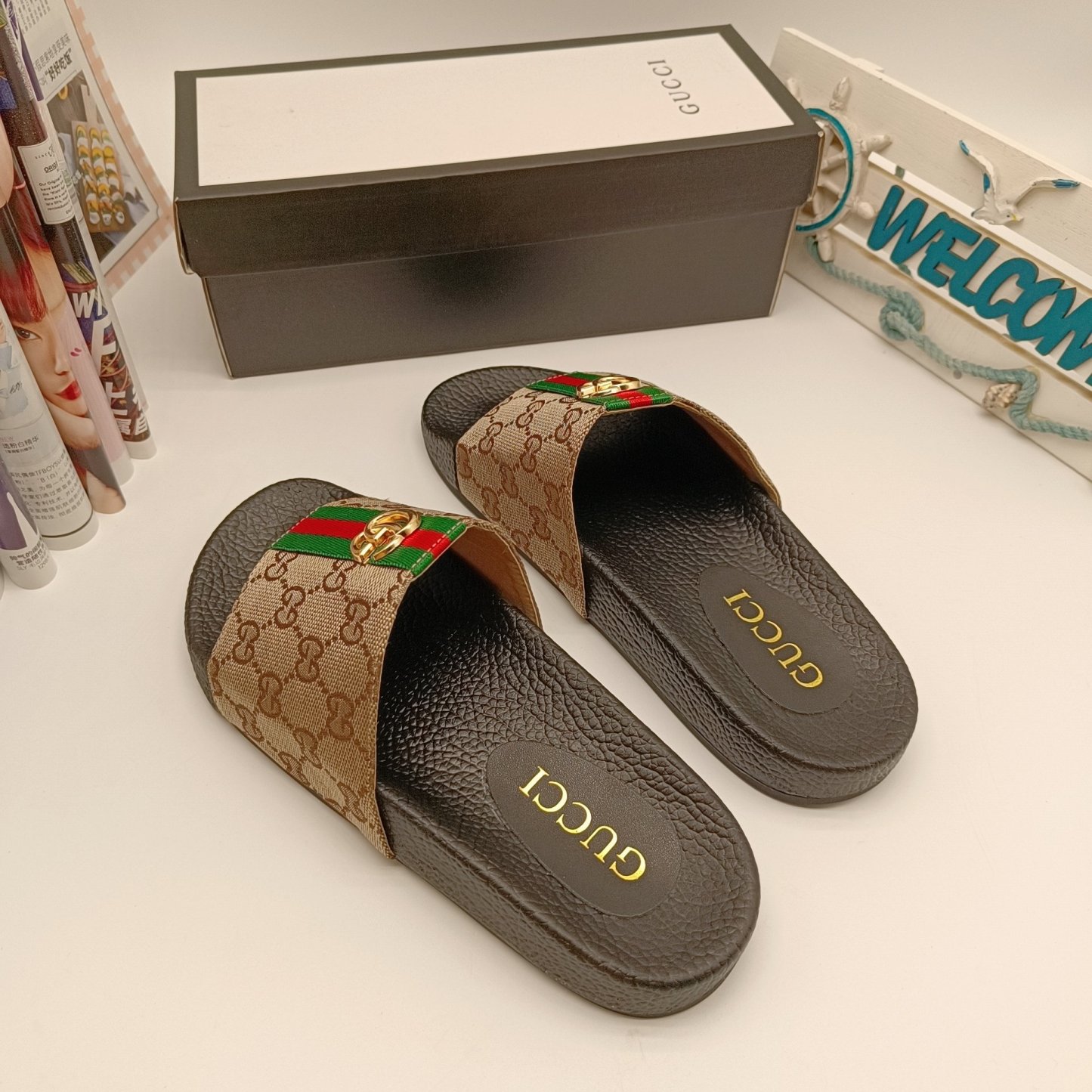 DOUBLE G Supreme Monogram Slide Sandals