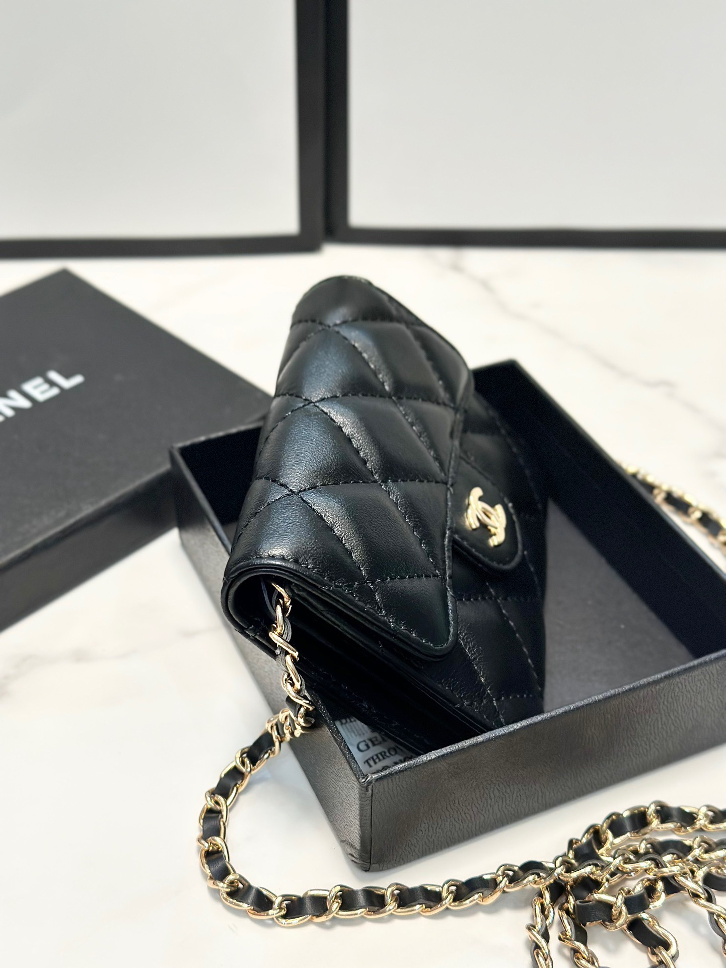 Classic Flap Chain Card Wallet Gold Metal Black