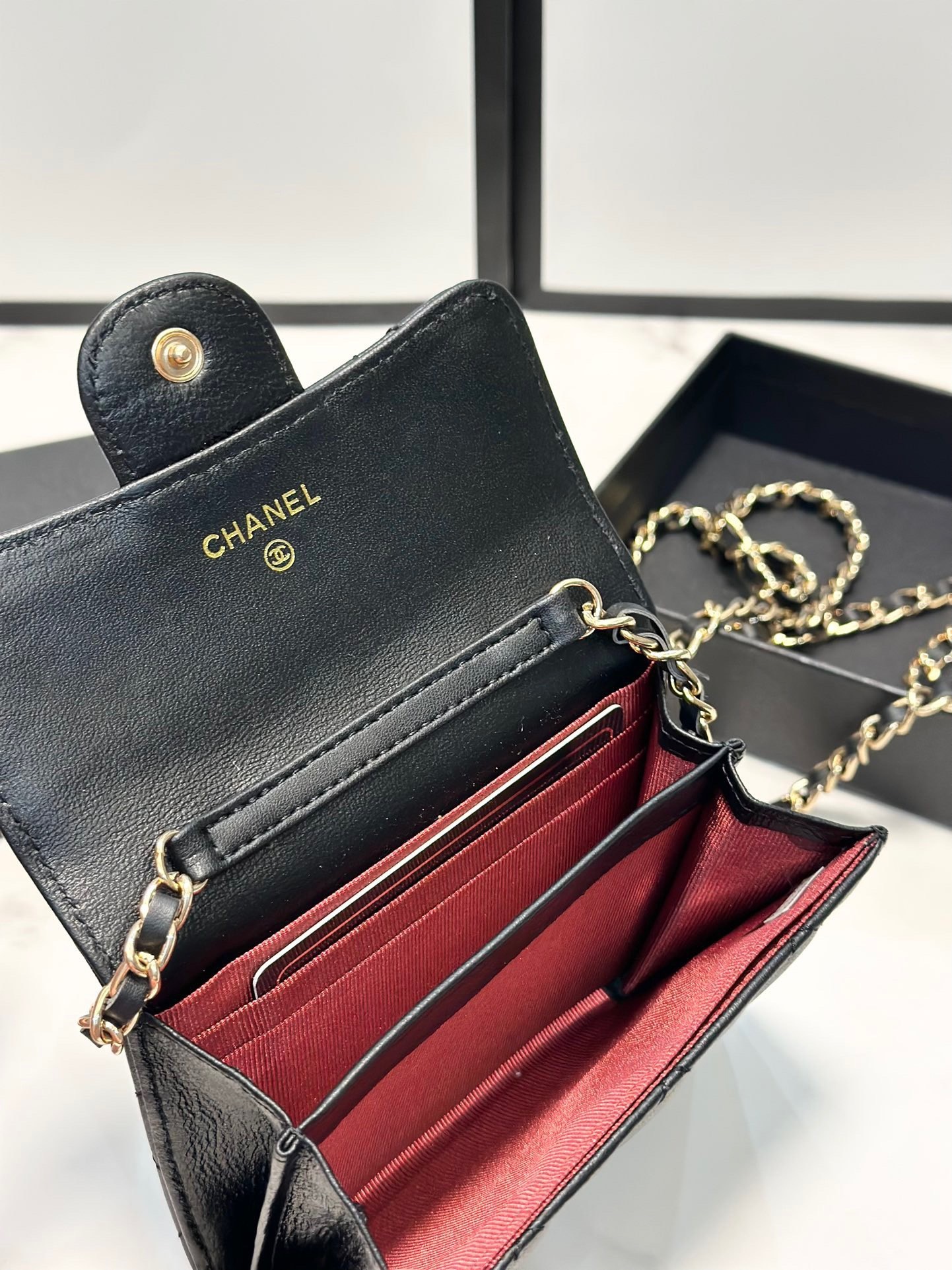 Classic Flap Chain Card Wallet Gold Metal Black