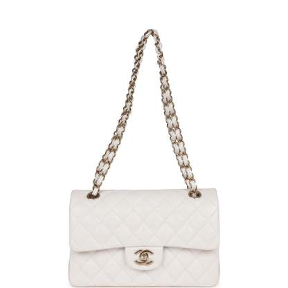 Small Classic Double Flap Bag White Caviar Light Gold Hardware