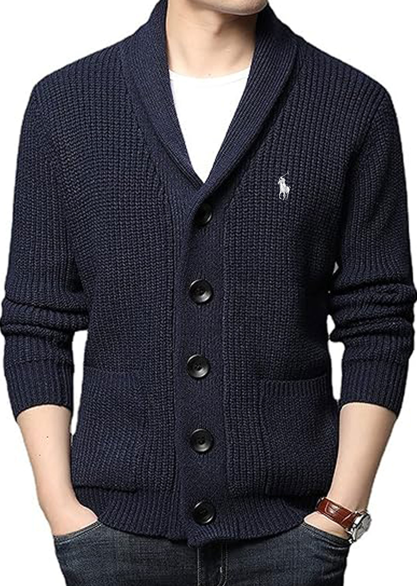 Men's Shawl Collar Cardigans Slim Fit Button Cable Knit Black Sweater Pockets