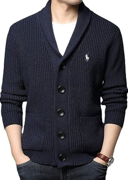 Men's Shawl Collar Cardigans Slim Fit Button Cable Knit Black Sweater Pockets