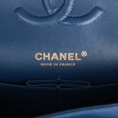 Medium Classic Double Flap Bag Blue Caviar Light Gold Hardware