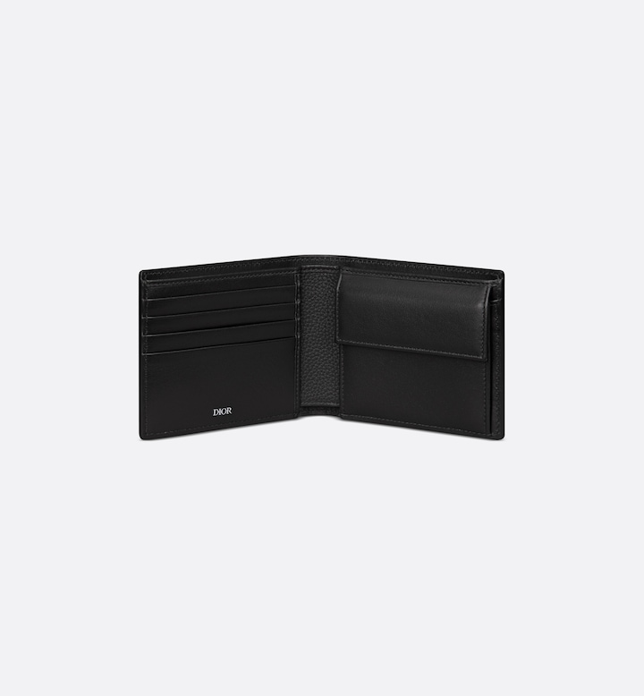 Saddle Bifold Wallet Black Grained Calfskin Marquetry with Beige and Black Oblique Jacquard