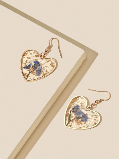 Flower Design Heart Charm Drop Earrings