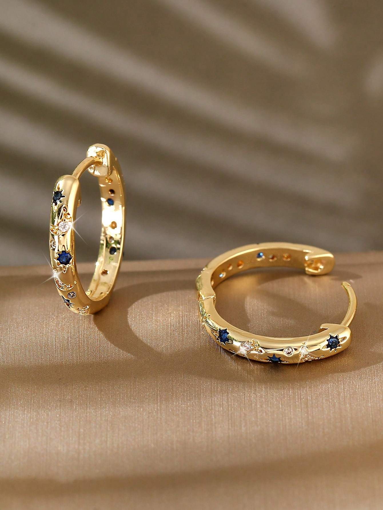 1pair Luxurious Copper Inlaid Multi-color Star, Moon & Round Shaped Hoop Earrings