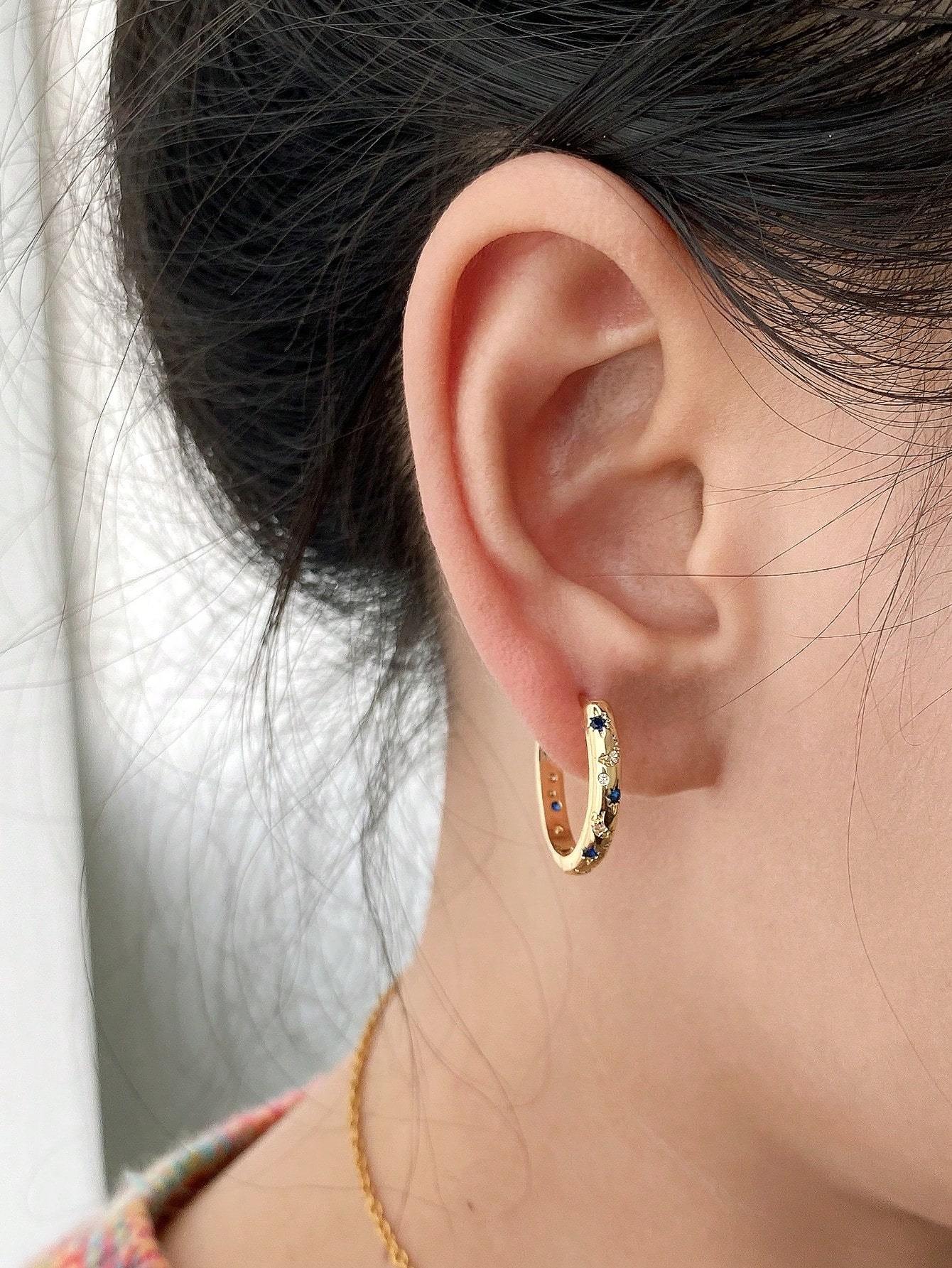 1pair Luxurious Copper Inlaid Multi-color Star, Moon & Round Shaped Hoop Earrings